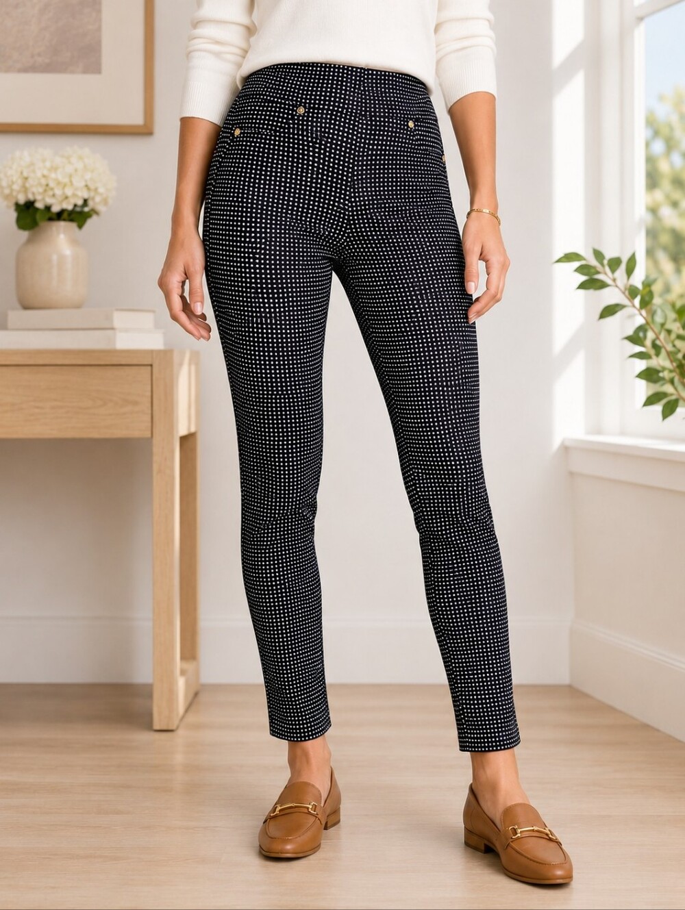 🤍🖤💼 Michael Kors Black & White Check Pull-On Legging Pants Stretch Slim Fit M
